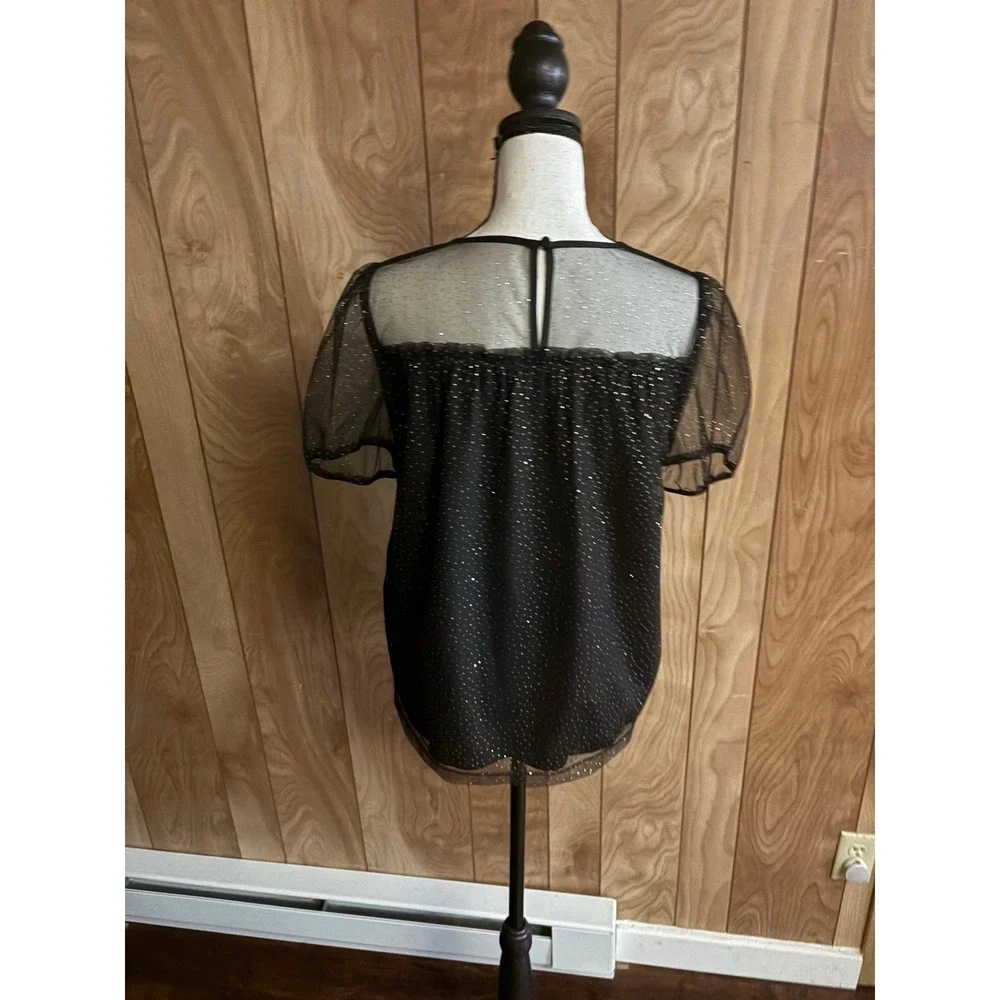 J.Crew Black Gold Metallic Dot Mesh Puff Sleeve Blouse Top S Holiday Keyhole